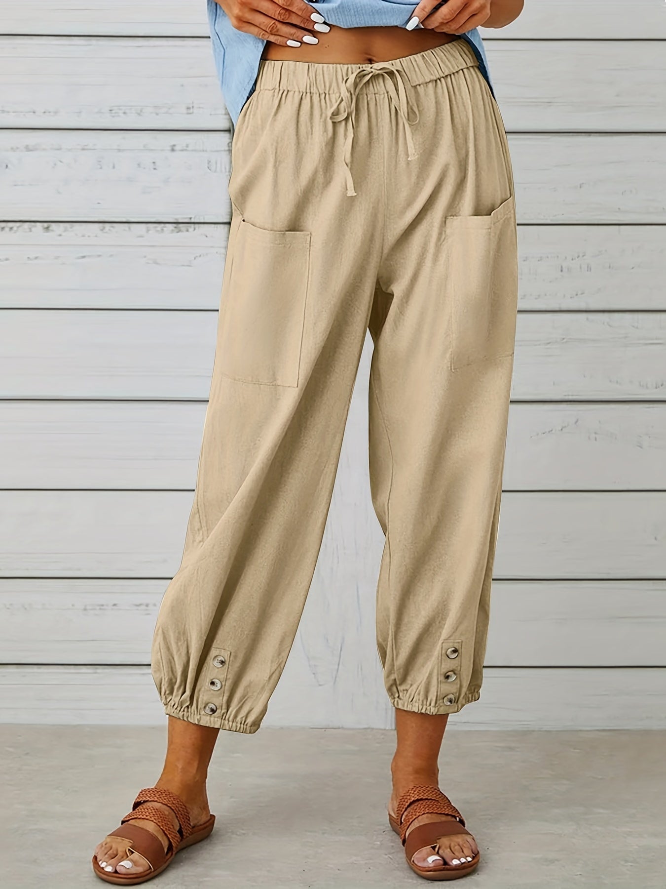 Patched Pockets Button Front Crop Pants Casual Loose Pants