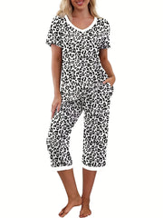 Leopard Print Lounge Set V Neck Short Sleeve Top & Elastic Waistband Pants