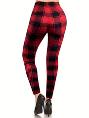 Plaid Pattern High Waist Skinny Leggings Casual Stretchy Leggings