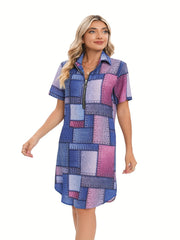 Women's Plus Denim Print Zipper Short Sleeve Turn Down Collar Dress