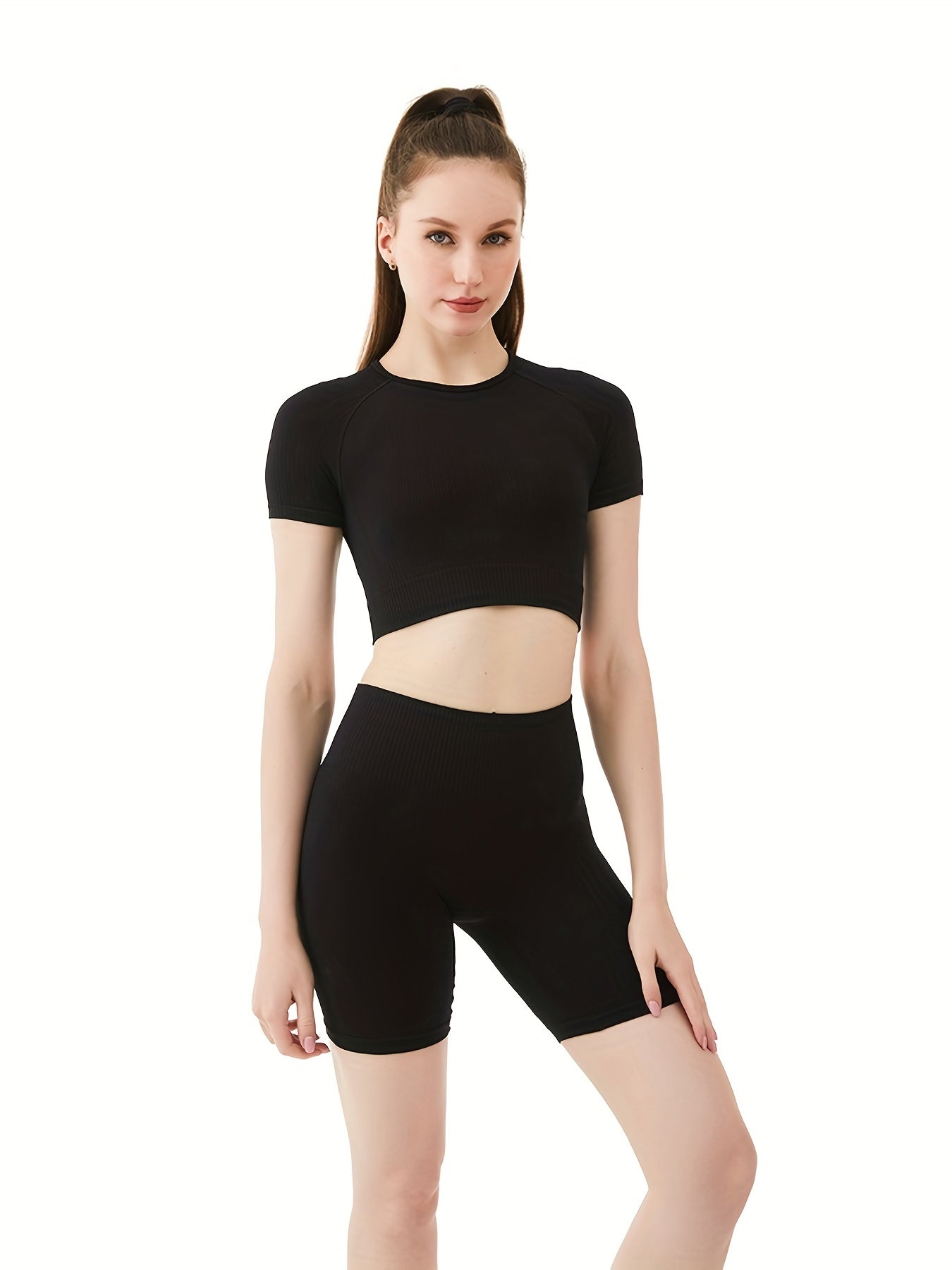 Solid Bustier And Shorts Sports Fitness Yoga Running Set
