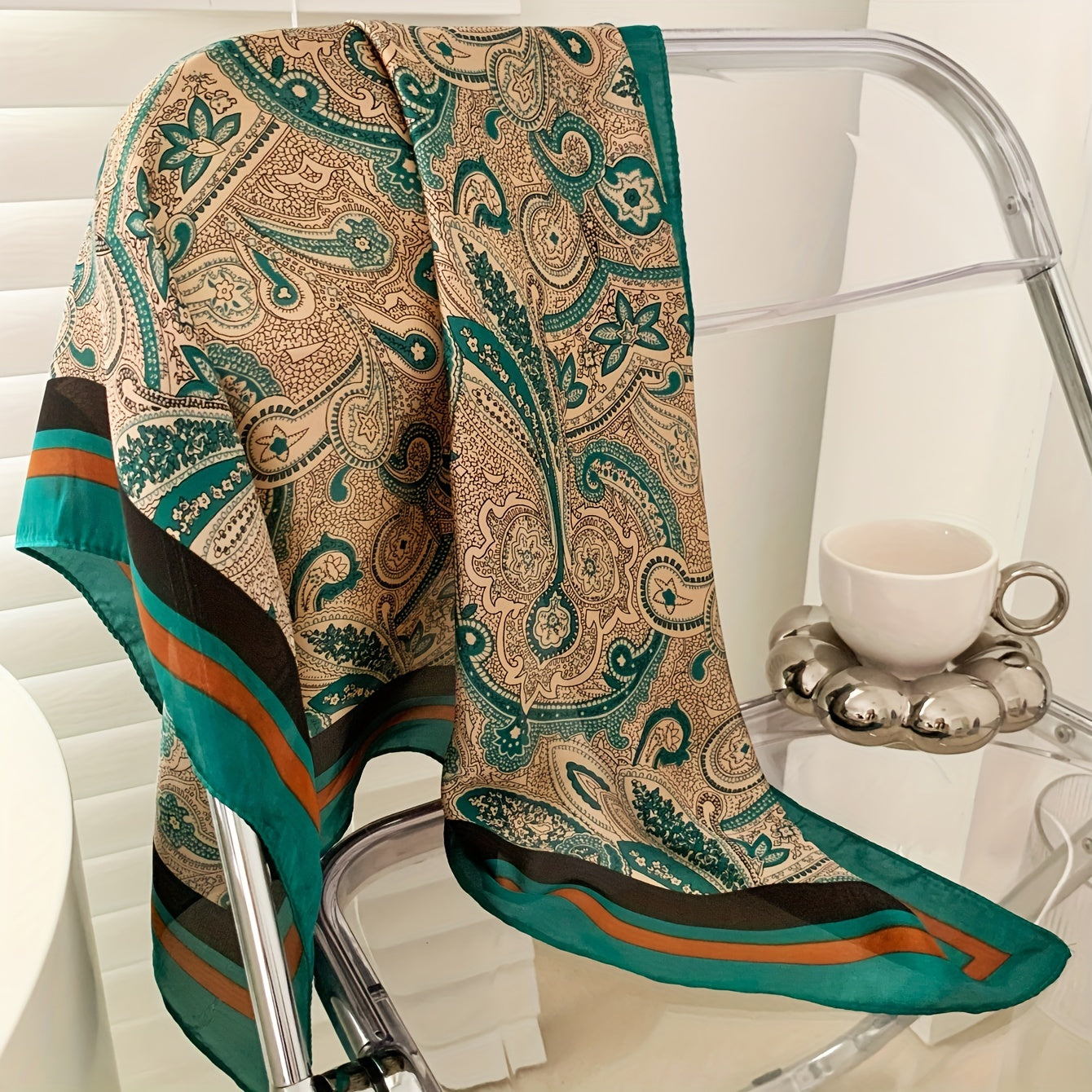 Vintage Satin Square Scarf Paisley Print Large Shawl Bandana