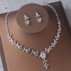 Silvery Leaf Shape Headband Necklace Earrings Set Head Jewelry
