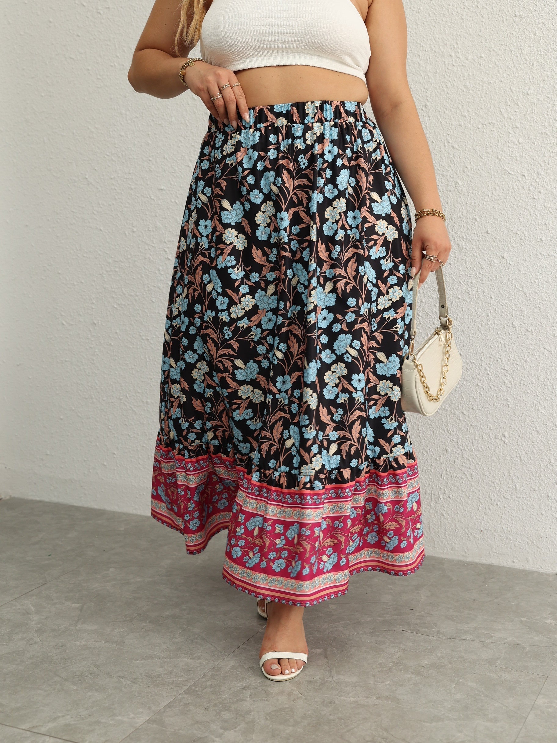 Boho Skirt Women's Plus Floral Print Ruffle Trim Elastic High Rise