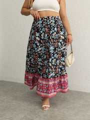 Boho Skirt Women's Plus Floral Print Ruffle Trim Elastic High Rise