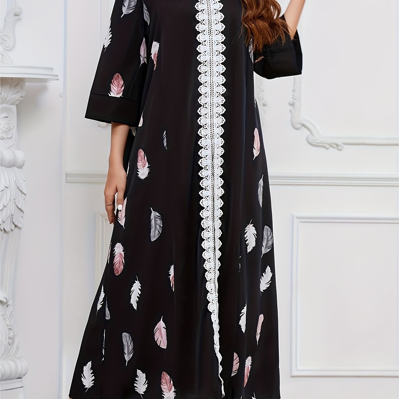 Feather Print Lace Sleeve Maxi Dress