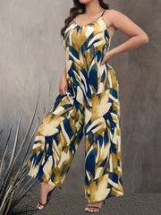 Casual Jumpsuit Women's Plus Random Print Round Neck Wide Leg Cami Jum