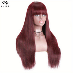 Brown Long Straight Hair Wig with Bangs Glueless Layer Cut Human Hair Wig