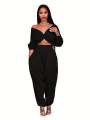 Solid Off Shoulder Crop Top & Pants Set Plus Size