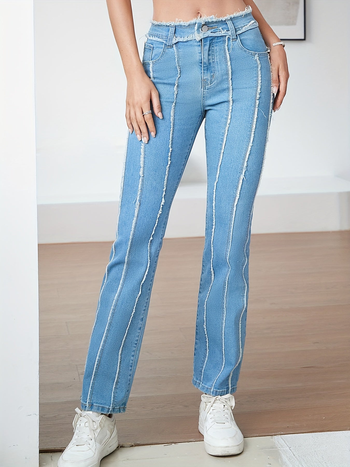 Stripes Pleat Bootcut Jeans High Rise Stretchy Bell Bottoms
