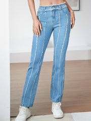 Stripes Pleat Bootcut Jeans High Rise Stretchy Bell Bottoms