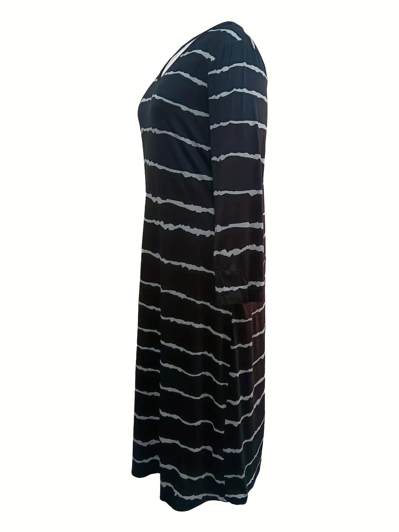 Striped Long Sleeve V Neck Maxi Dress With Pockets