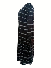 Striped Long Sleeve V Neck Maxi Dress With Pockets