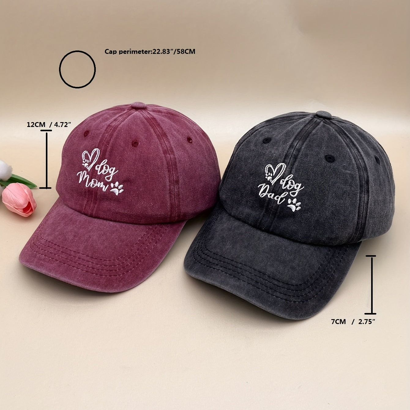 2pcs Dog Mom Couple Baseball Cap Washed Distressed Embroidery Dad Hat
