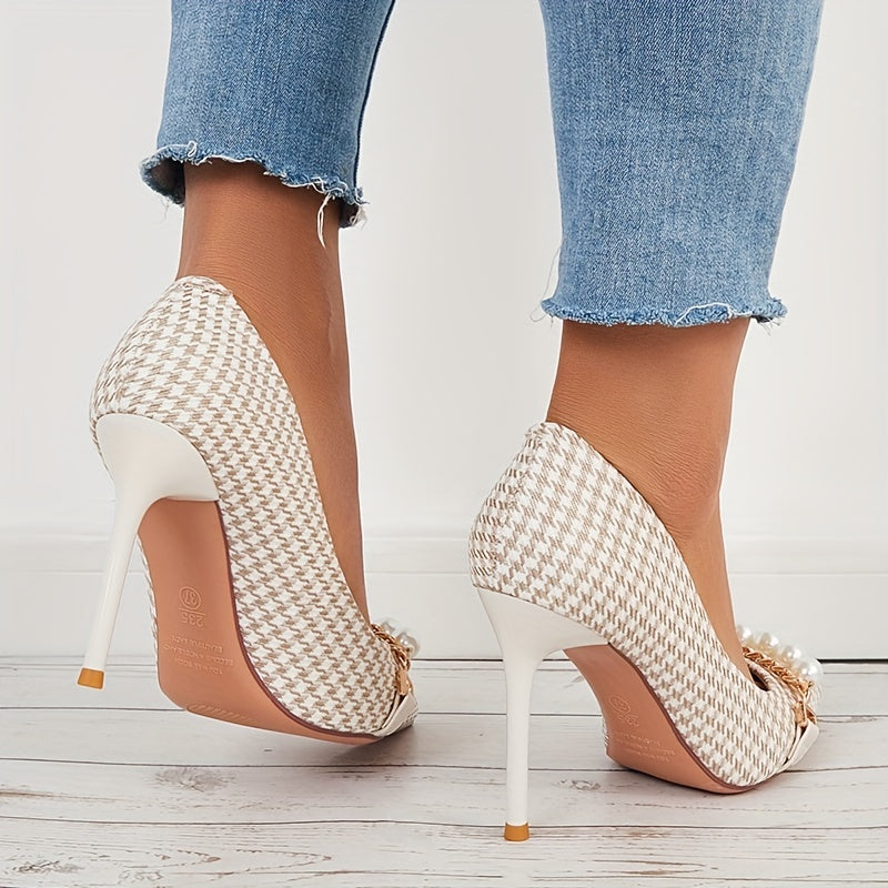 Houndstooth High Heels Faux Pearl Chain Pointed Toe Stiletto Heels