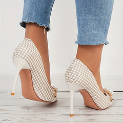 Houndstooth High Heels Faux Pearl Chain Pointed Toe Stiletto Heels