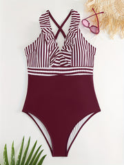 Colorblock Striped V Neck One Piece Swimsuit