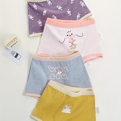 4pcs Girls Boxer Briefs Elastic Waist Astronaut Rabbits Print Underwear