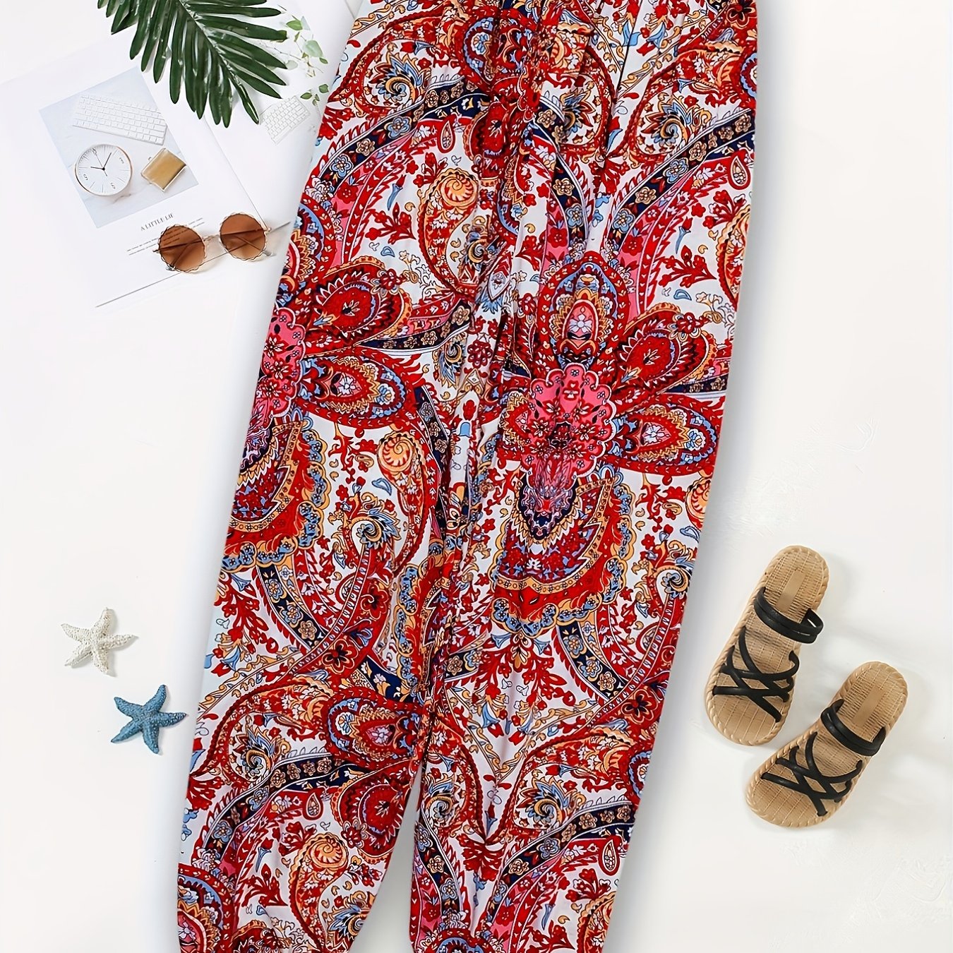 Ethnic Print Boho Elastic Waist Long Pants Women's Clothing