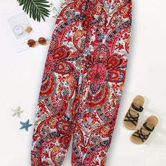 Ethnic Print Boho Elastic Waist Long Pants Women's Clothing