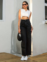 High Rise Denim Pants Solid Slash Pocket Straight Leg Jeans