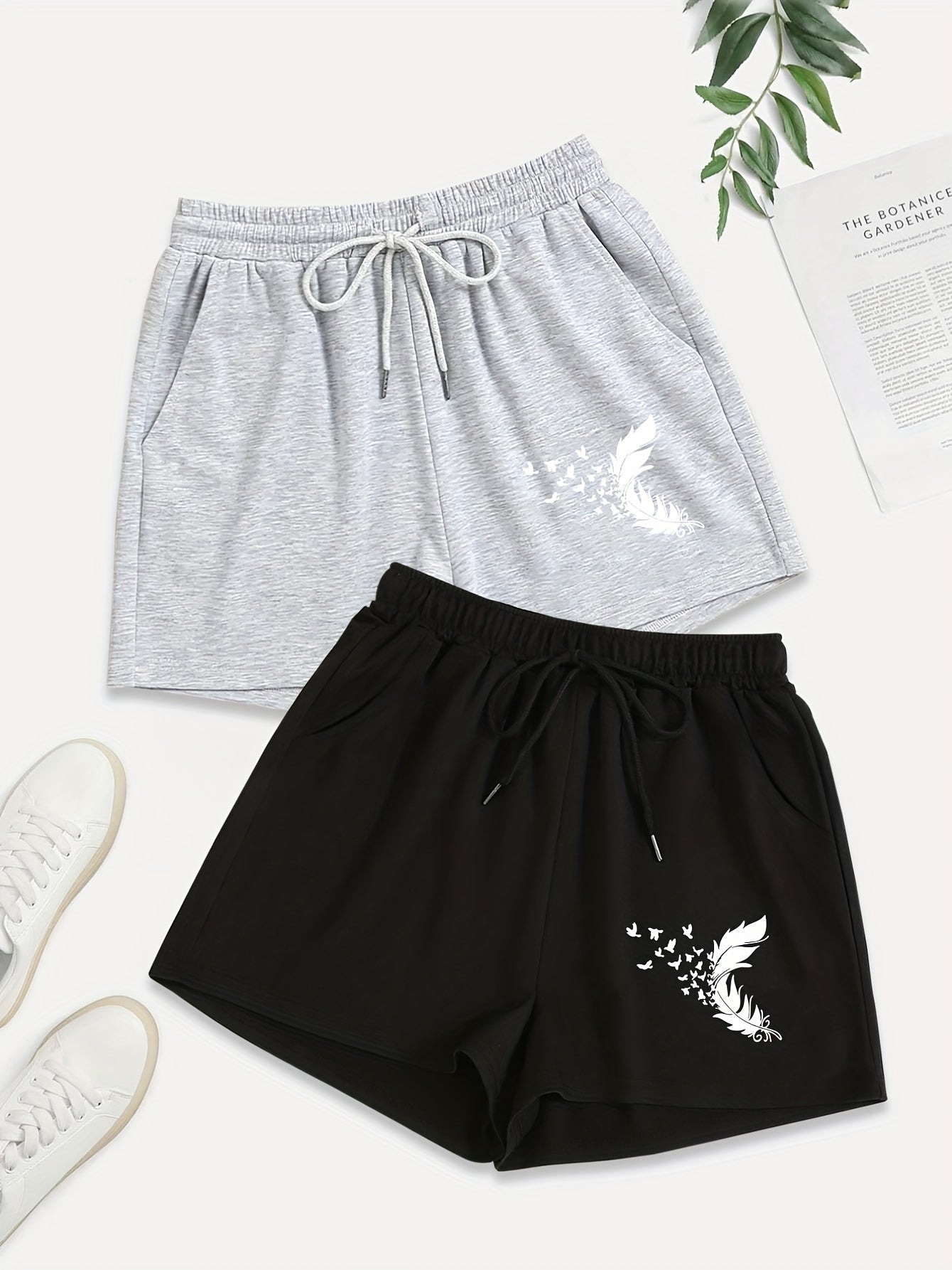 2 Pack Plus Size Bird & Feather Print Drawstring Shorts Set