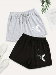 2 Pack Plus Size Bird & Feather Print Drawstring Shorts Set