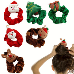 3pcs Christmas Cartoon Hair Ties Set Santa & Elk & Tree Charm Elastic Headbands