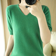 Half Sleeve V Neck Sweater Knitted Casual Top Women's Clothing