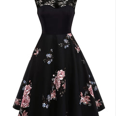 Vintage Dark Peony Sleeveless Dress Contrast Lace Print