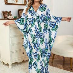 Tropical Print V Neck Maxi Beach Cover Up Dress