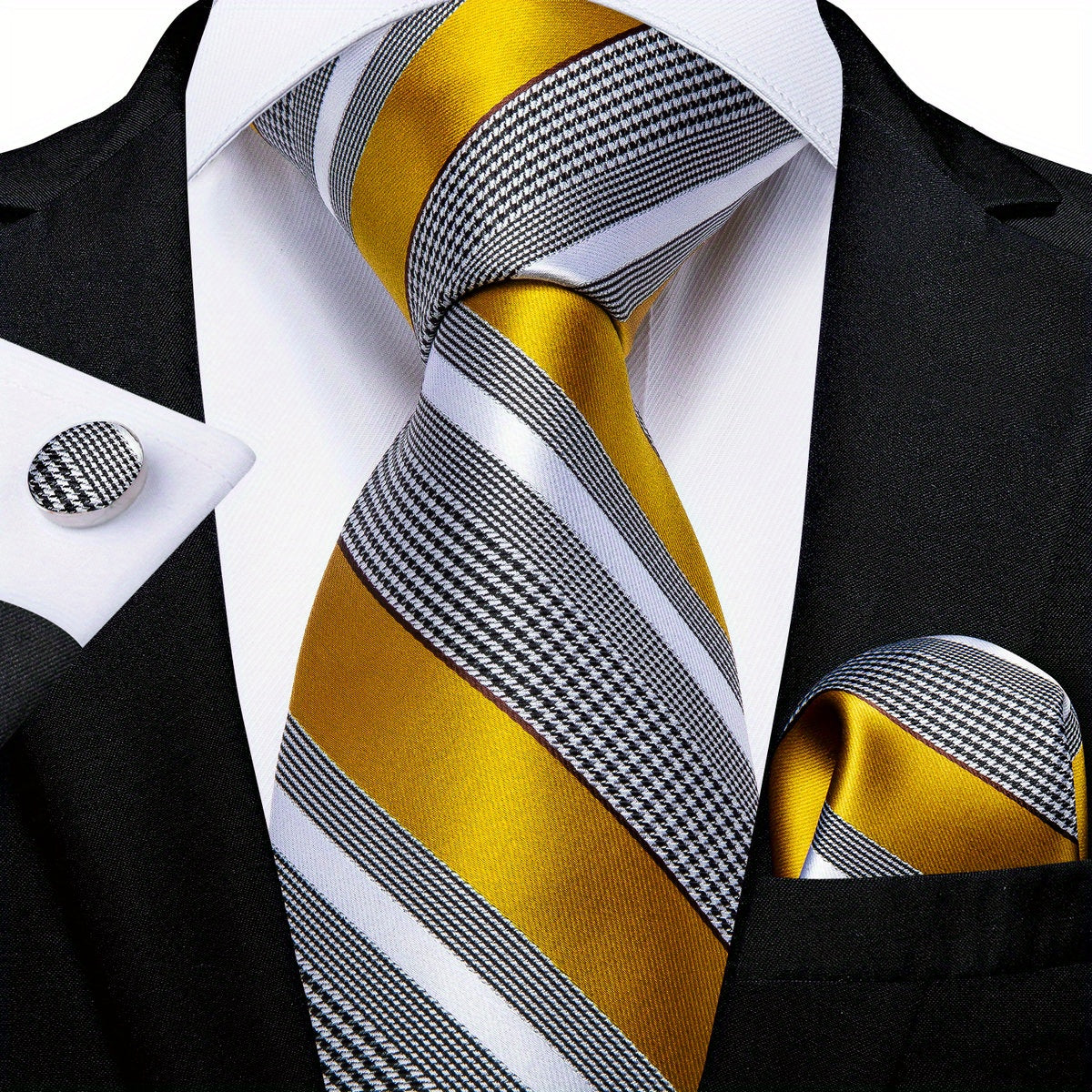 Classic Striped Tie Set Yellow Silk Woven Necktie Hanky Cufflinks