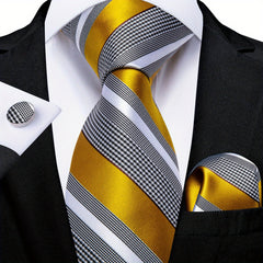 Classic Striped Tie Set Yellow Silk Woven Necktie Hanky Cufflinks