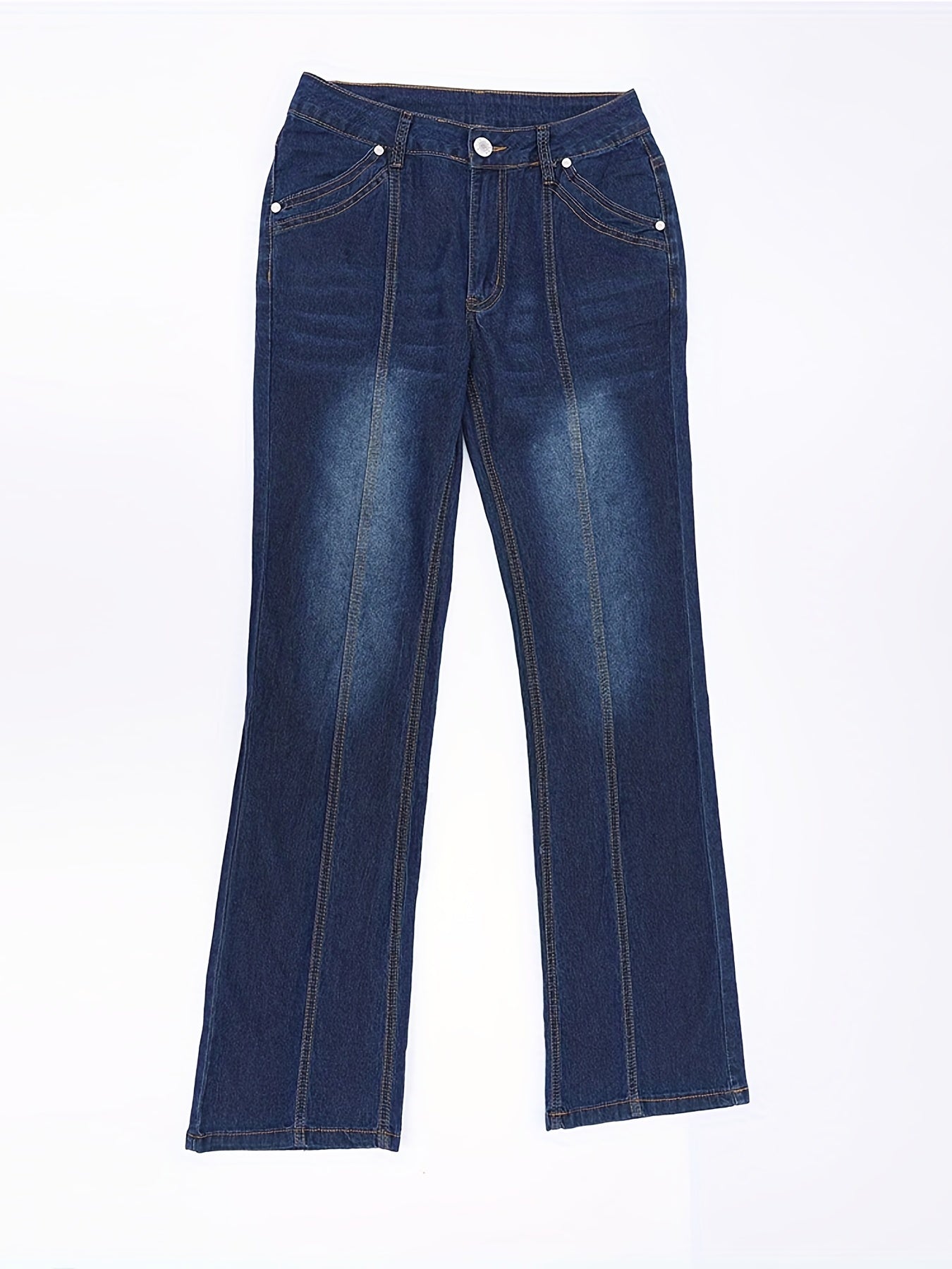 Mid Rise Flare Jeans Slash Pockets Bell Bottom Wide Leg Slim Fit Denim Pants