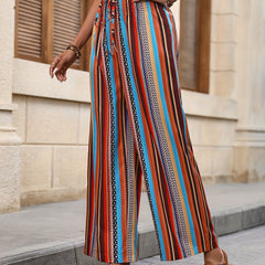 Striped Stirred Waist Wide Leg Pants Boho Tied Pants Spring Summer