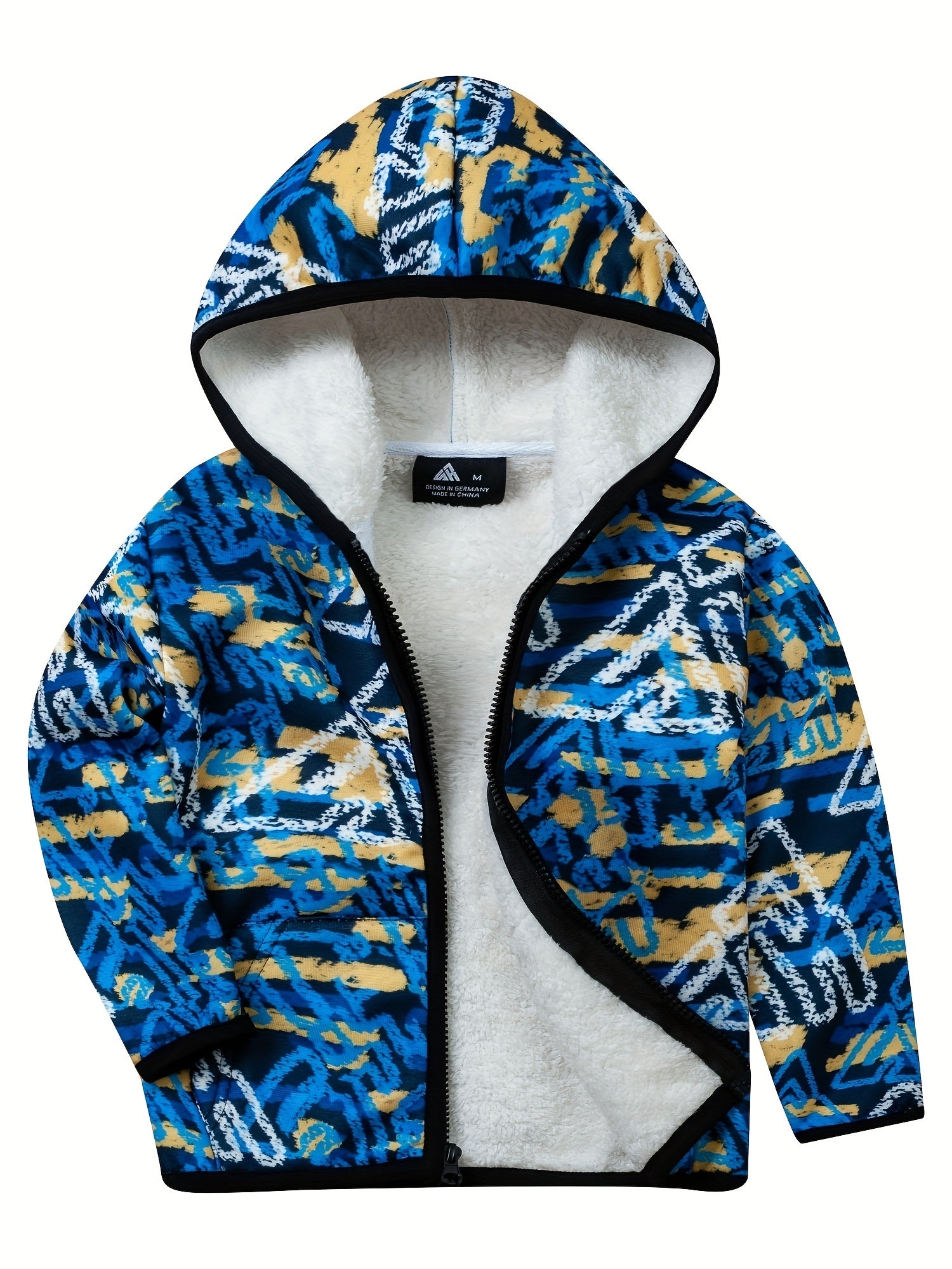 Boys Thick Hooded Sweatshirt Coat Kids Print Zip Up Outdoor Casual Warm Jacket