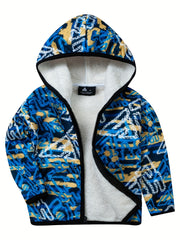 Boys Thick Hooded Sweatshirt Coat Kids Print Zip Up Outdoor Casual Warm Jacket