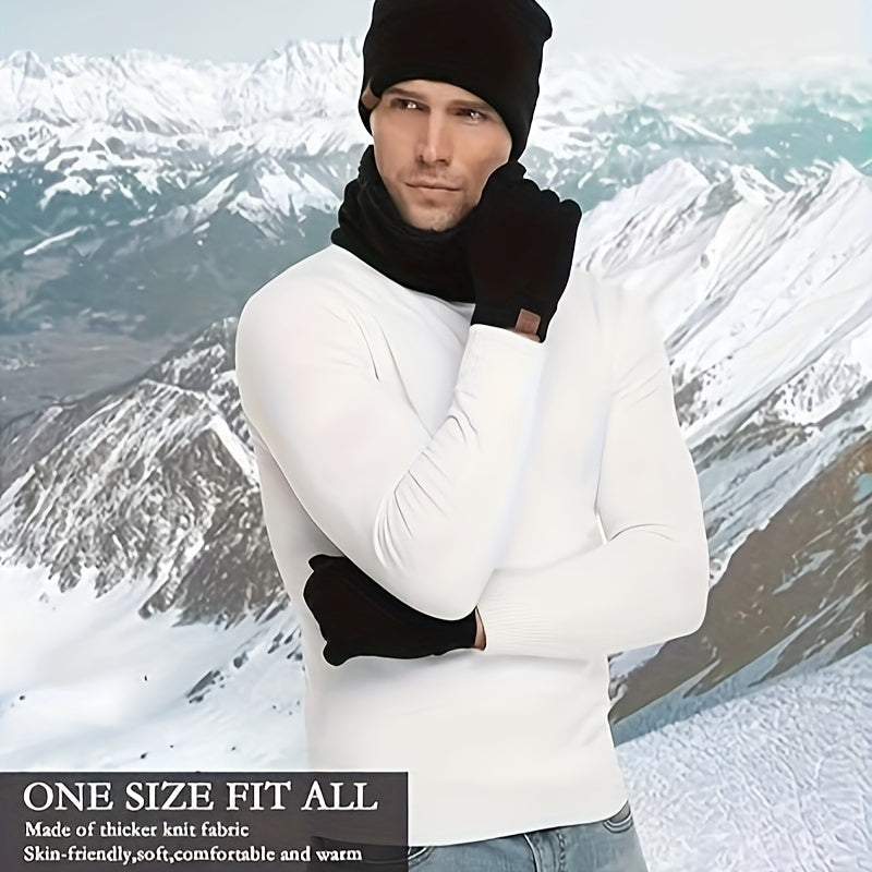 3 Pc Winter Warm Velvet Thickened Set Hat Scarf Gloves Solid Touch Screen