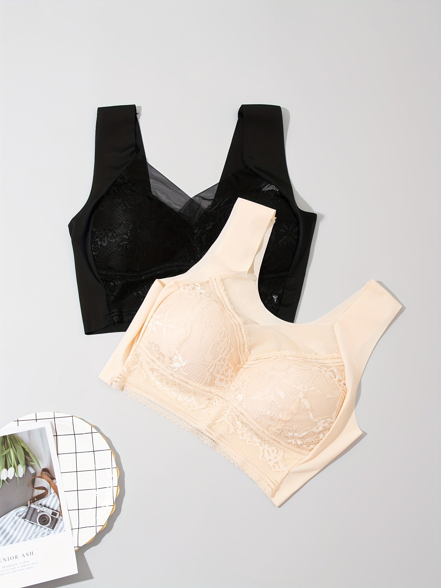 2pcs Lace Wireless Bras Comfortable Full Coverage Women's Lingerie