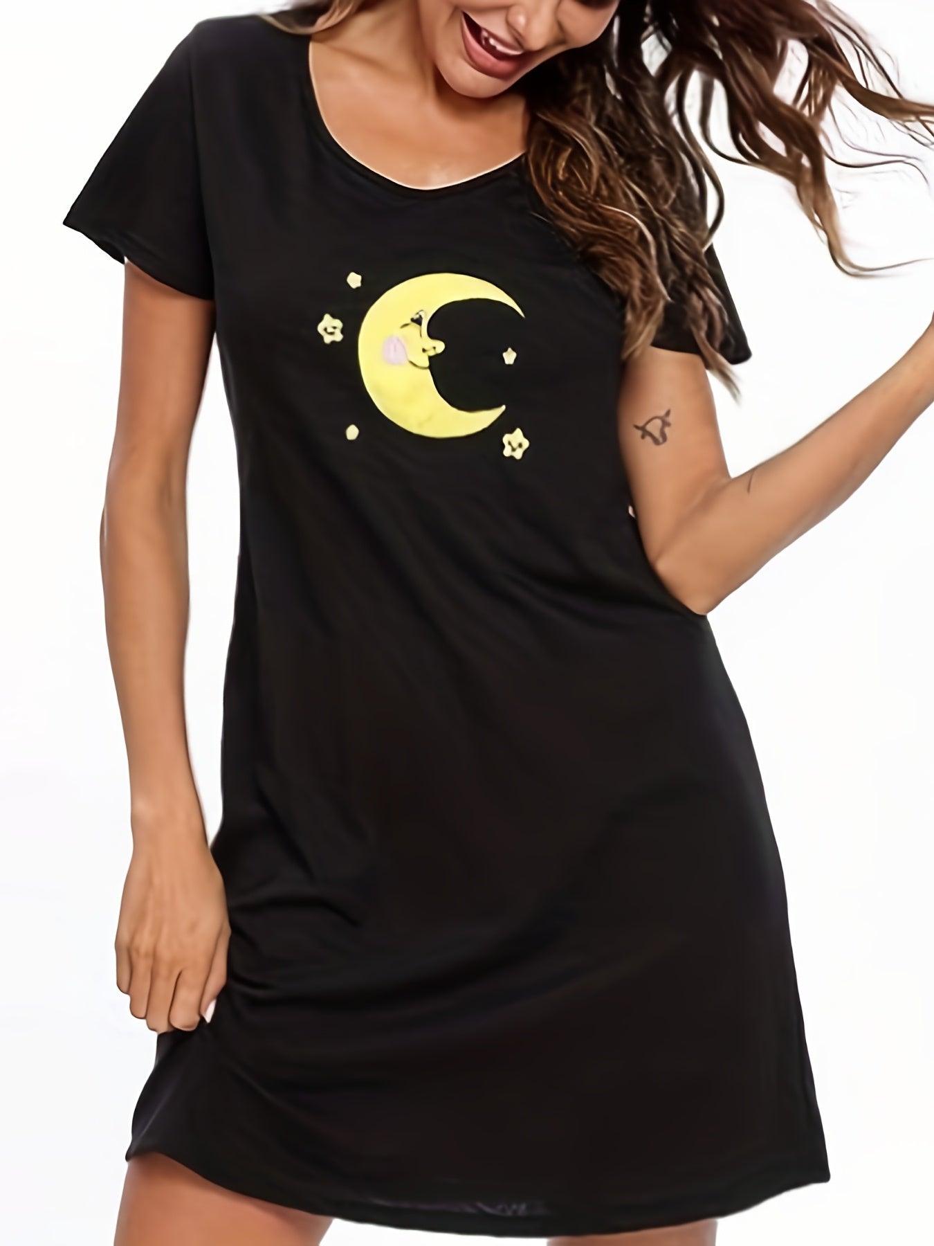 Moon Print NightDress Short Sleeve Pajama Dress Women's Sleepwear