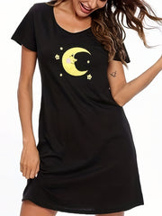 Moon Print NightDress Short Sleeve Pajama Dress Women's Sleepwear