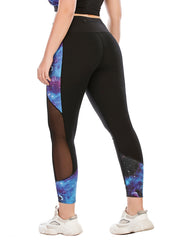 Colorblock Print Mesh Yoga Leggings with Pocket