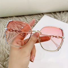 Oversized Rimless Sunglasses Women Rhinestone Chain Gradient Glasses UV400