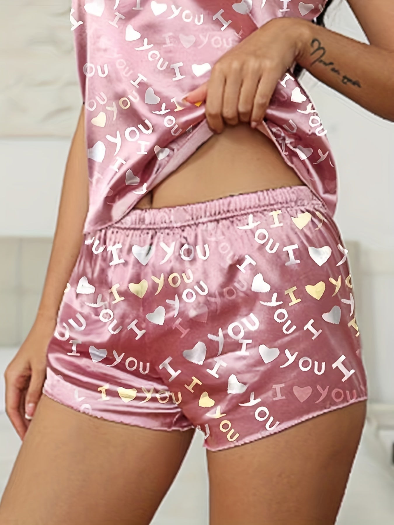 Letter Print Pajama Set Cami & Shorts Sleepwear