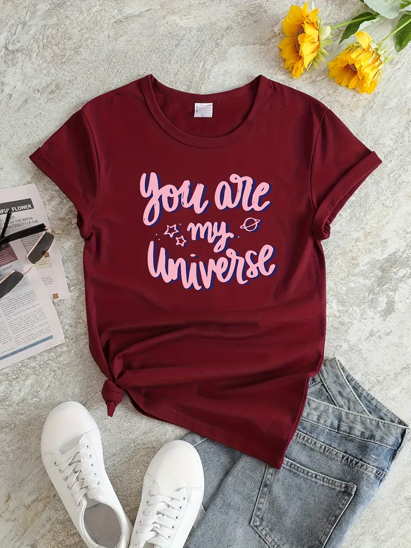 Letter Graphic Sports T-shirt Round Neck Short Sleeves for Women