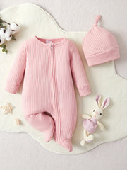 2pcs Baby Unisex Zipper Romper & Hat Set
