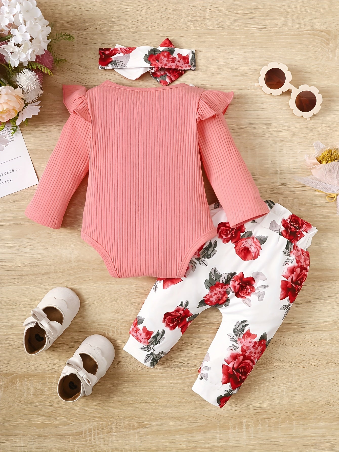 Baby Girl Ruffled Romper Floral Trousers Set