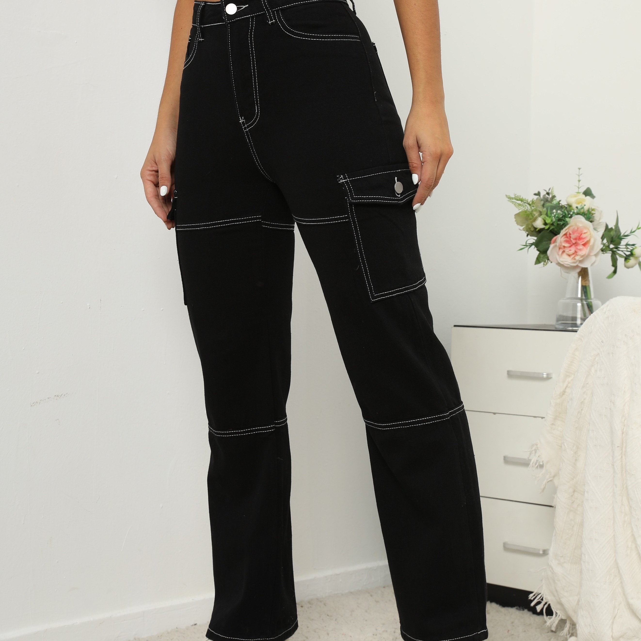 High Waist Straight Jeans Flap & Slash Pockets Wide Leg Loose Fit High Rise