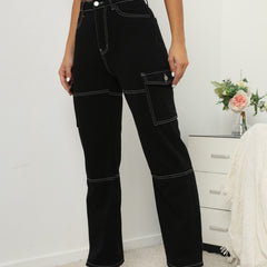 High Waist Straight Jeans Flap & Slash Pockets Wide Leg Loose Fit High Rise