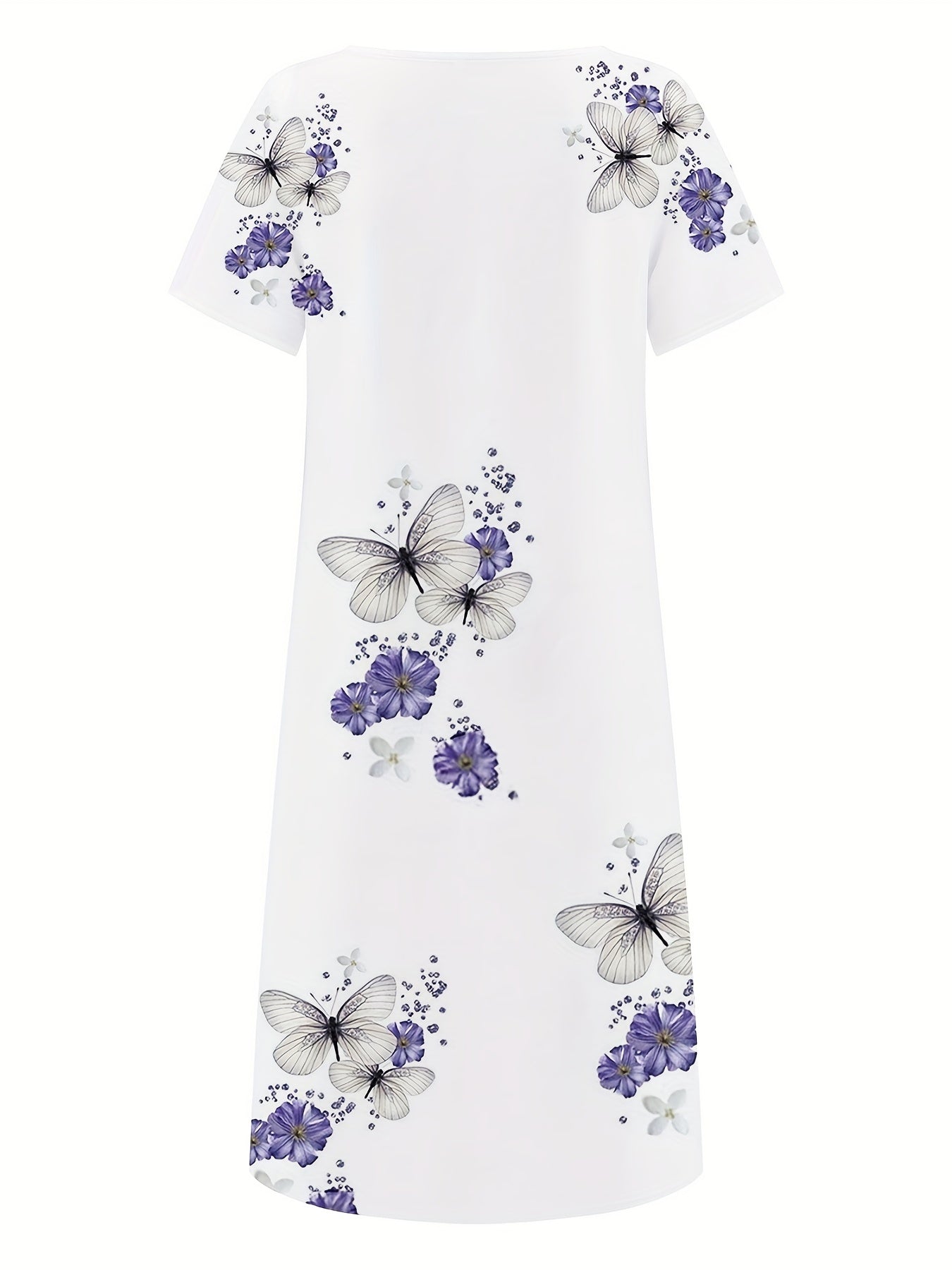Floral & Butterfly Print V Neck Dress Button Front Short Sleeve Dress